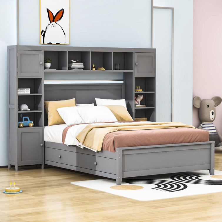 Full size platform bed with online storage and bookcase headboard